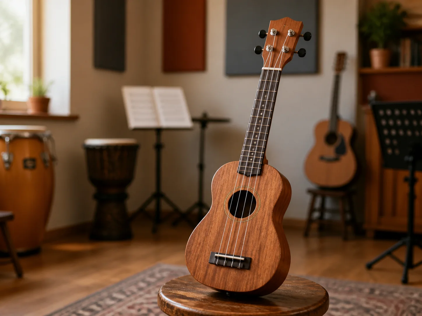 Holz-Ukulele auf einem Hocker in einem warmen Unterrichtsraum
