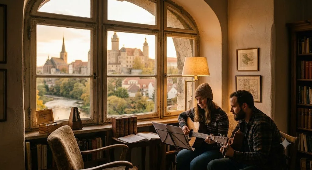 Zwei Gitarrenspielende in einem historischen Raum mit Blick auf eine stilisierte Zeitzer Stadtansicht